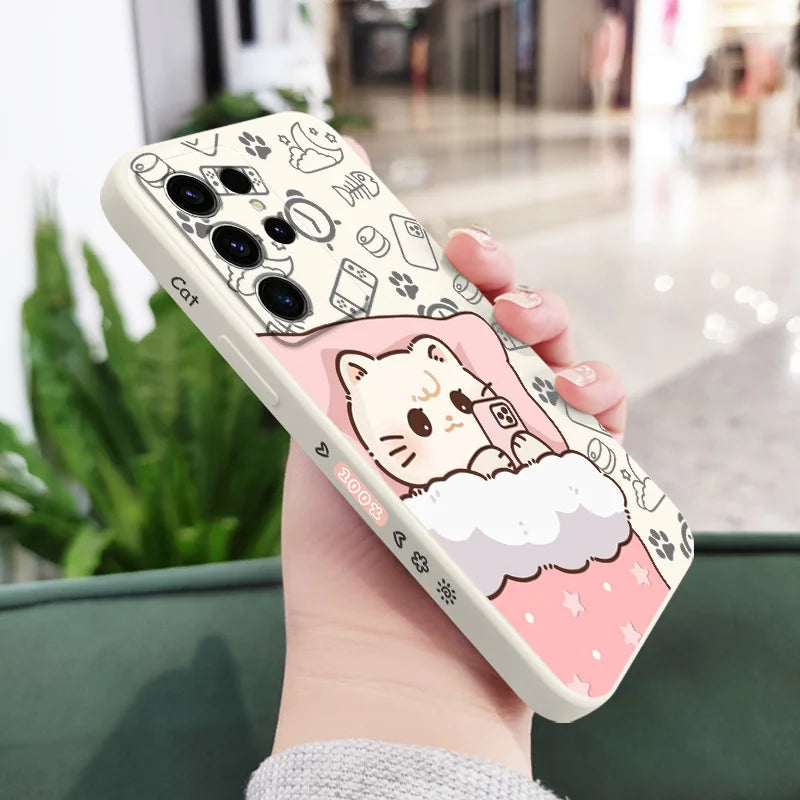 Samsung Galaxy S23, S22, S21 Cute Couple Texting Overnight Cat Phone Case