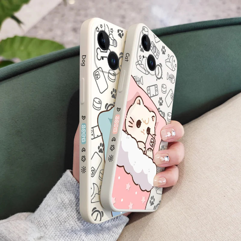 Cute Couple texting overnight Cat Phone Case For iPhone 15, 14, 13