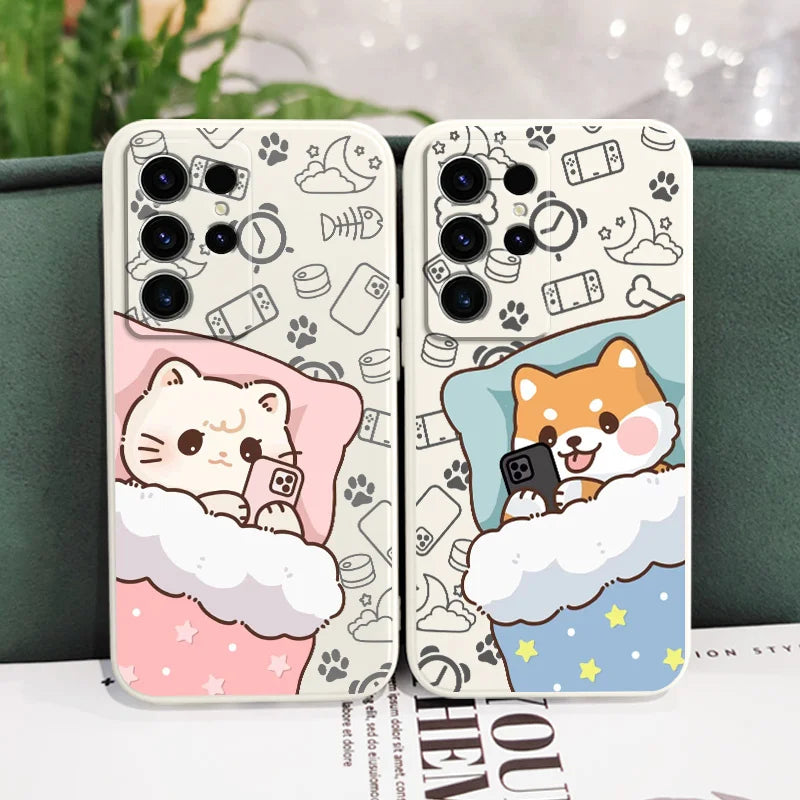 Samsung Galaxy S20, S10, S9 Cute Couple Texting Overnight Cat Phone Case