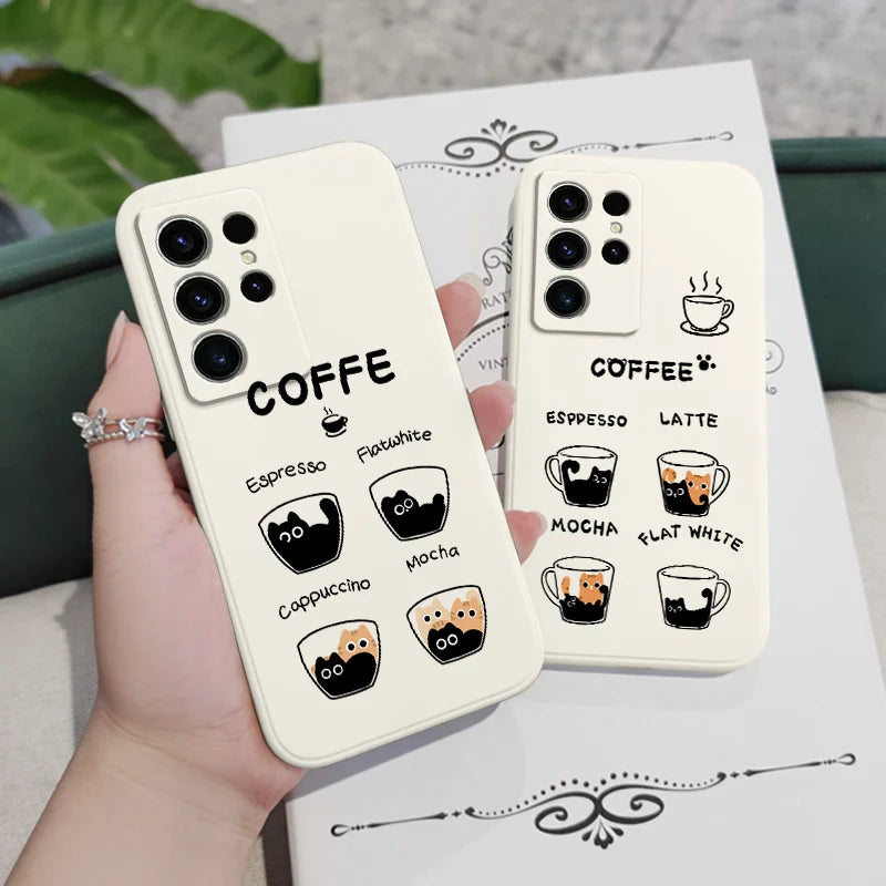 Coffee Cute Cat Phone Case For Samsung Galaxy S23s, S22s, S21